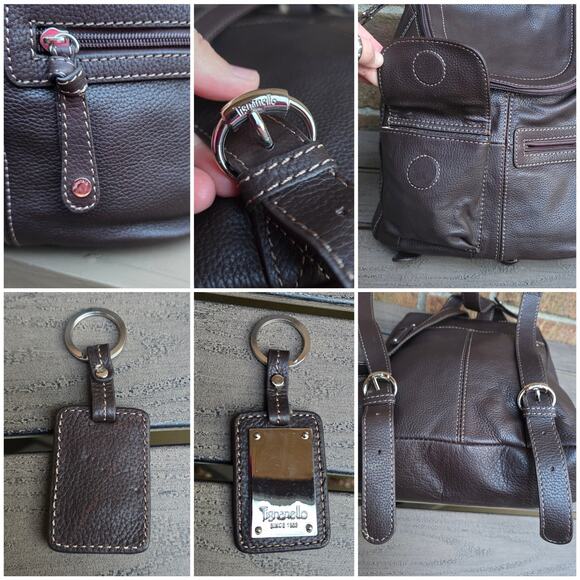 Leather Backpack Tignanello Brown Pebbled Purse Bag Keychain main image 5